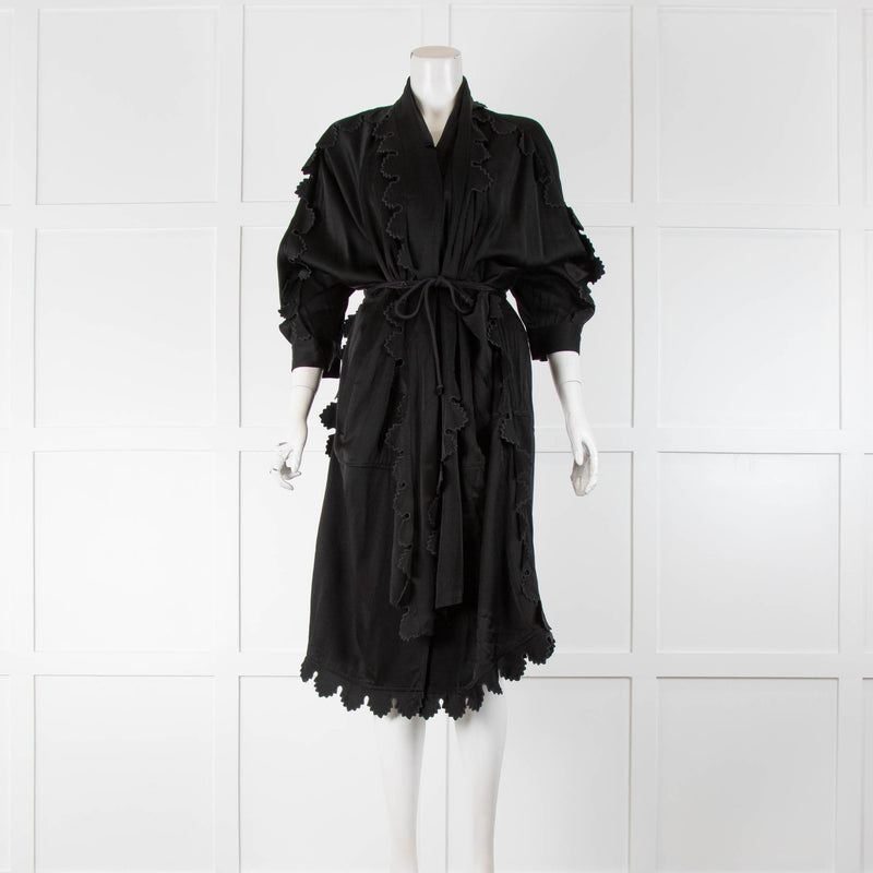 Stella McCartney Black Embroidered Trim Neck Tie Dress Coat