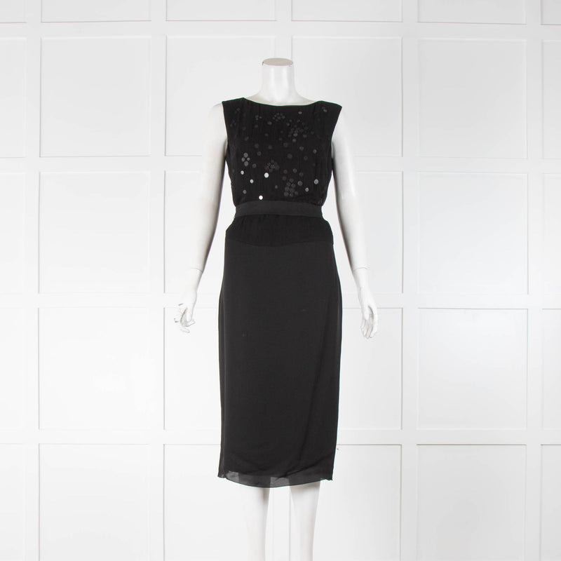 Victoria Beckham Black Sleeveless Silk Belted  Mirror Detail Dress