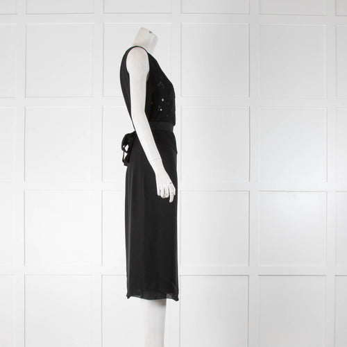 Victoria Beckham Black Sleeveless Silk Belted  Mirror Detail Dress