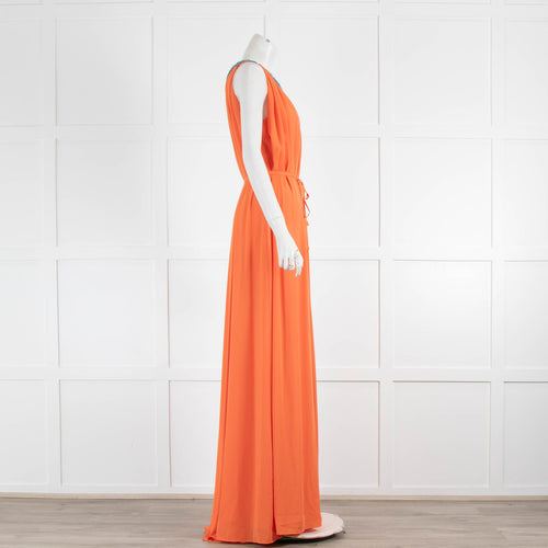 Saloni Orange Draped Maxi Dress Turqouise Bead Neck