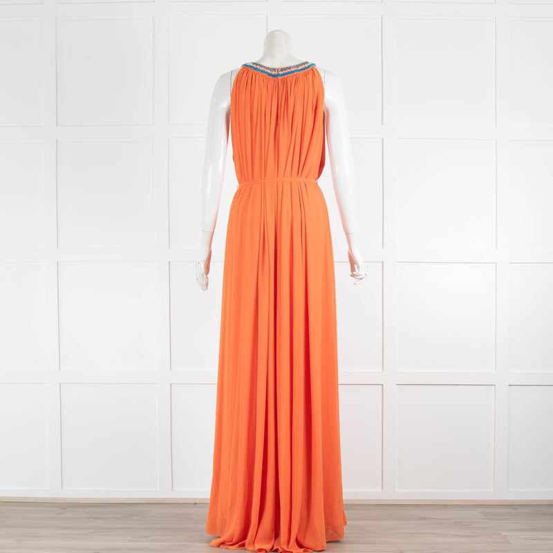 Saloni Orange Draped Maxi Dress Turqouise Bead Neck