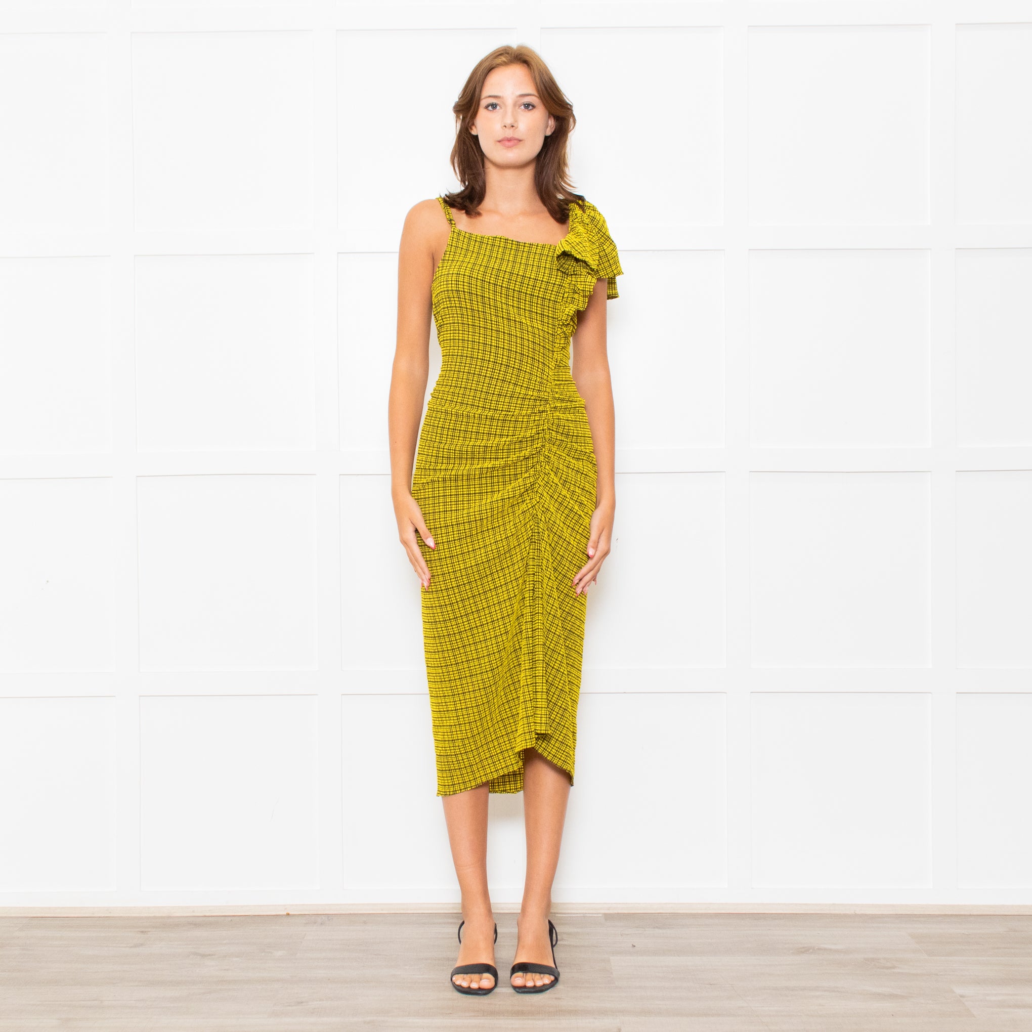 Bimba Y Lola Yellow Black Check One Off Shoulder Frill Detail Midi