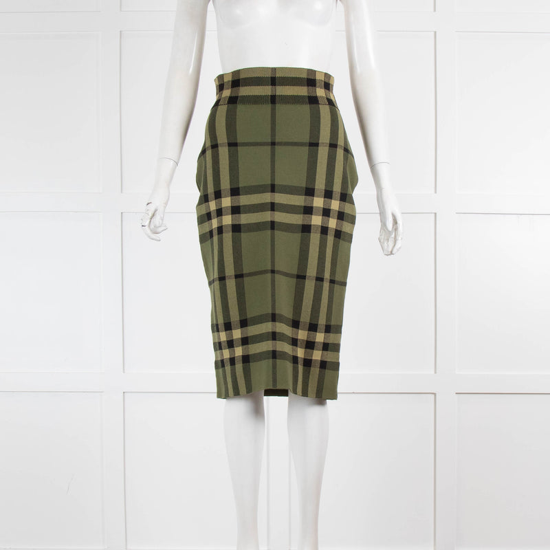 Burberry Green Black Check Knit Pencil Skirt