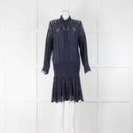 Ganni Navy Dress With Laser Detail And Gathered Waist