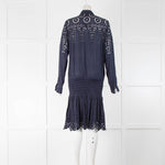 Ganni Navy Dress With Laser Detail And Gathered Waist