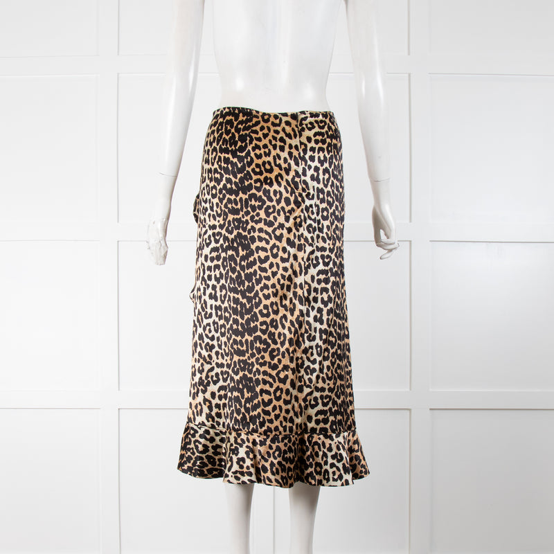 Ganni Brown Animal Print Satin Frill Trim Midi Skirt