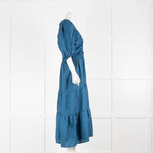 Sea New York Blue Silk Puff Sleeve V Neck Dress