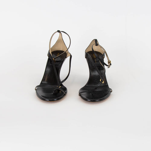 Khaite Black Leather Ankle Strap Wedge Sandals