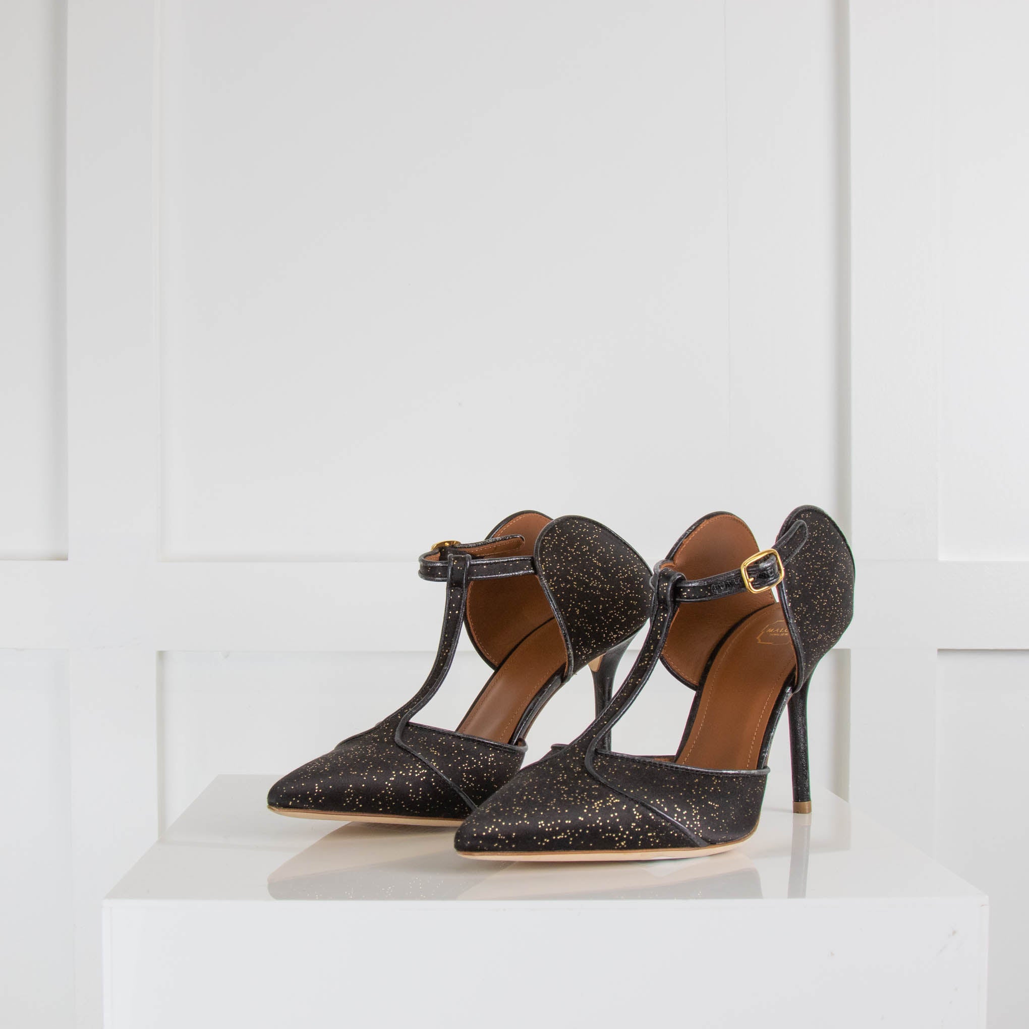 Malone Souliers Black Gold Fleck Pointy Satin Heeled Mules