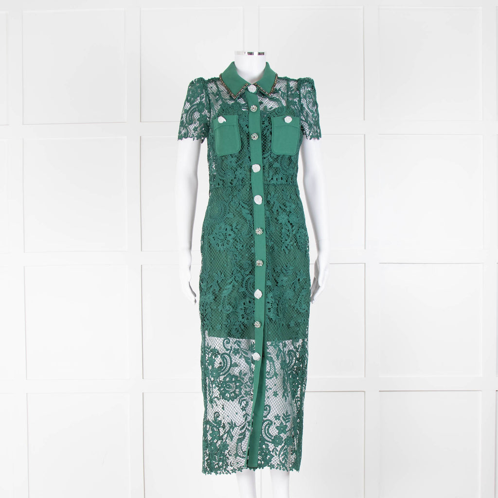 Self-Portrait Green Lace Collared Midi Dress with Jewelled Buttons Phoenix Style Self-Portrait Green Lace Collared Midi Dress with Jewelled Buttons Phoenix Style