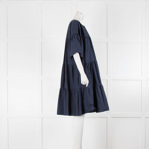 Merlette Navy Cotton Short Sleeve Tiered Dress