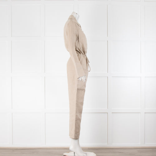 Barbara Casasola Beige Front Zip Long Sleeve Linen Jumpsuit