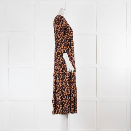 Ba&Sh Brown Black Animal Print Frill Detail Long Sleeve Midi Dress