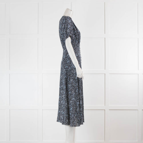 The Kooples Black Blue White Print Short Sleeve Midi Dress