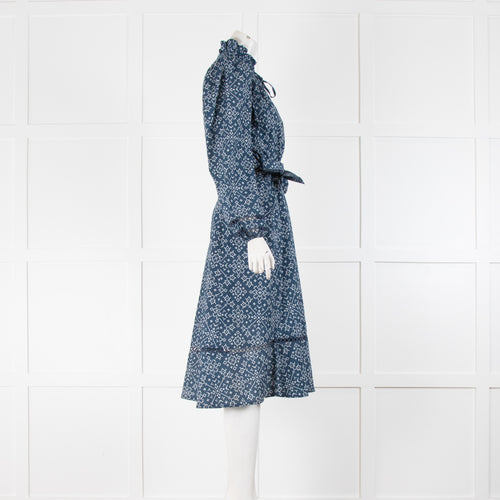 Neve & Noor Blue Long Sleeve Geometric Print Dress with Tie Waist