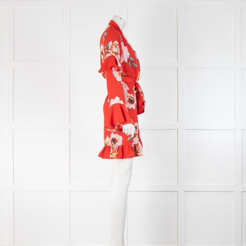 Misa Orange Red Floral Ruffle Sleeve Wrap Mini Dress