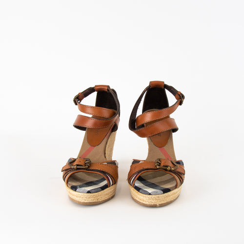 Burberry Brown Leather House Check Espadrilles Wedges