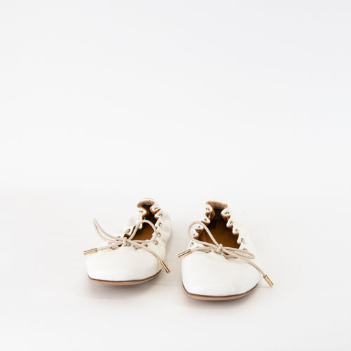 Chloe White Oarcia Drawstring Leather Ballet Flat Shoes