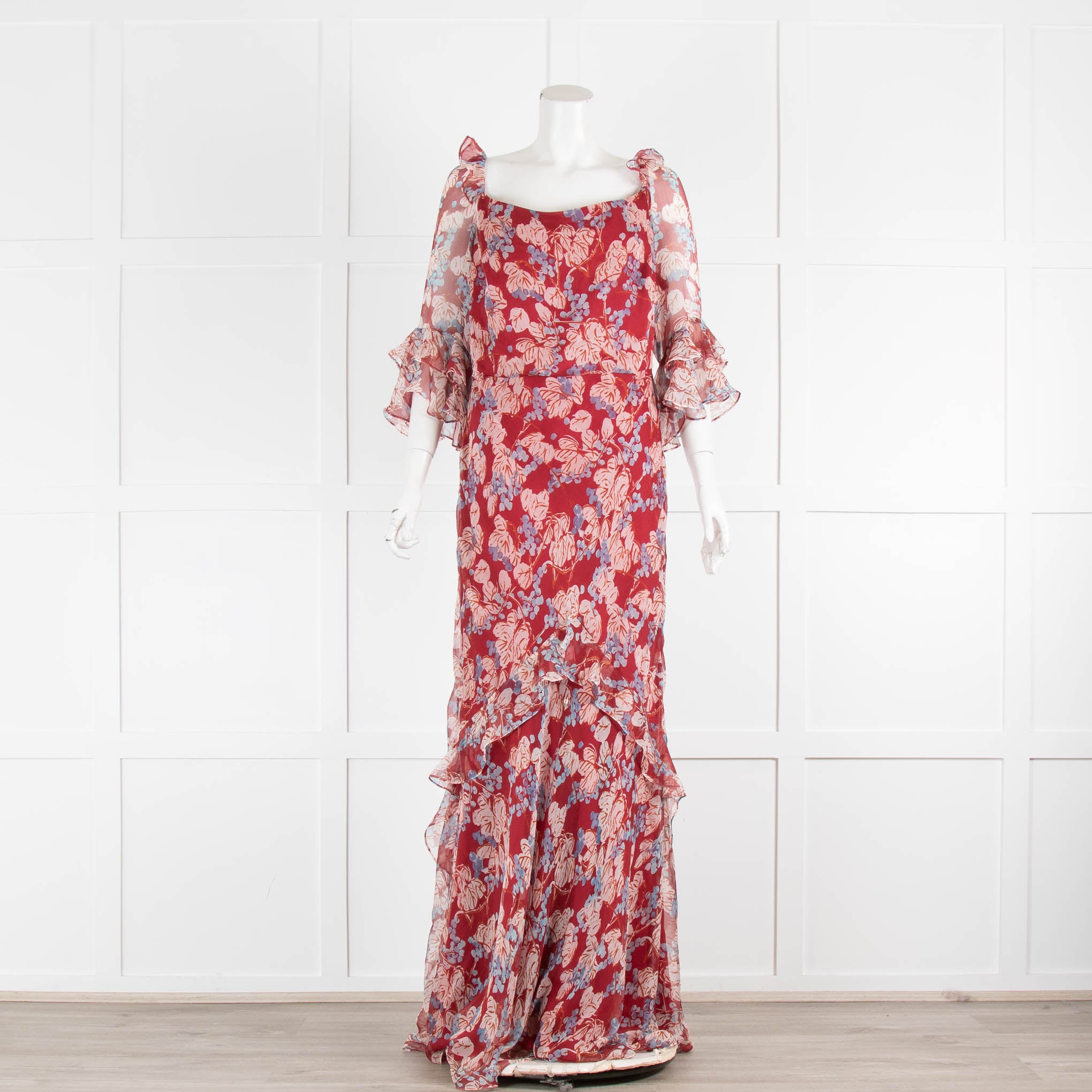 Saloni Burgundy Floral Tamara D Crinkle Silk Scoop Neck Long Dress