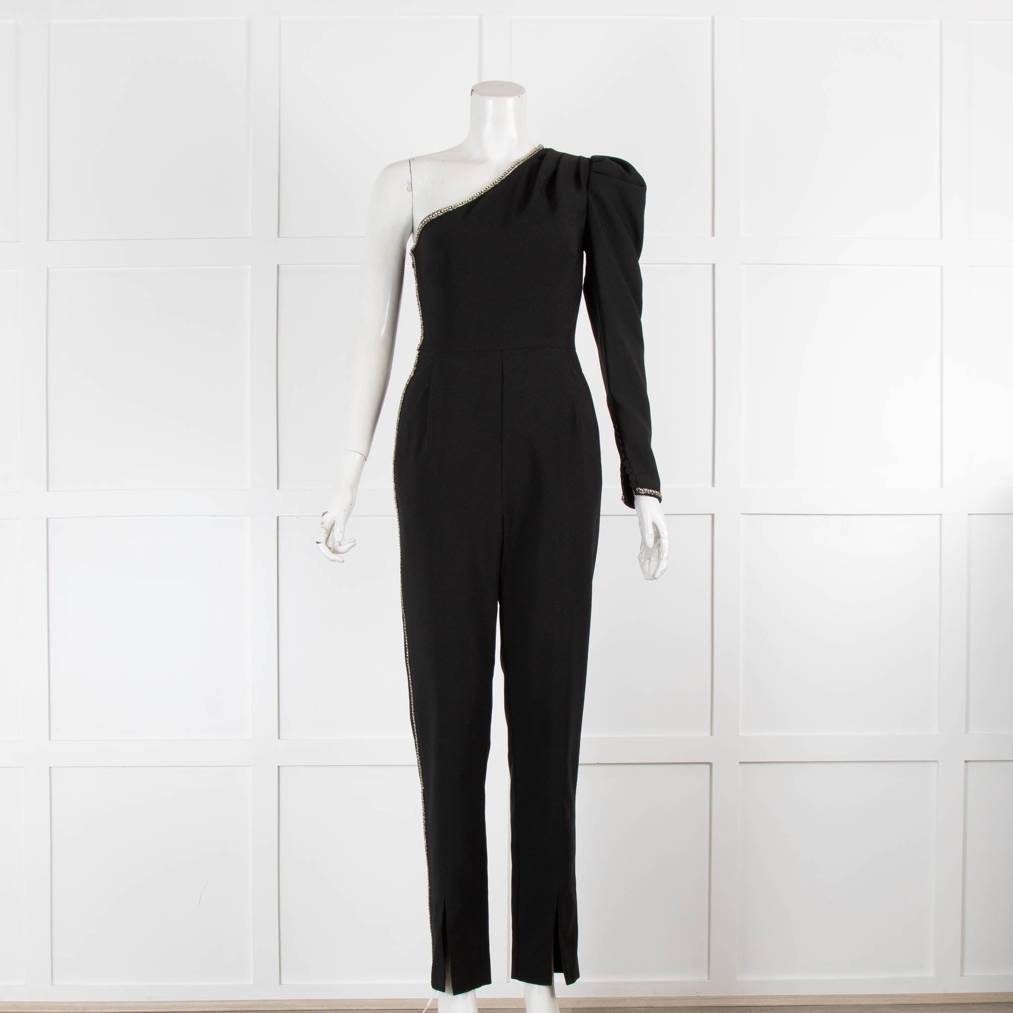 Self-Portrait One Shoulder Black Crepe Jumpsuit With Silver