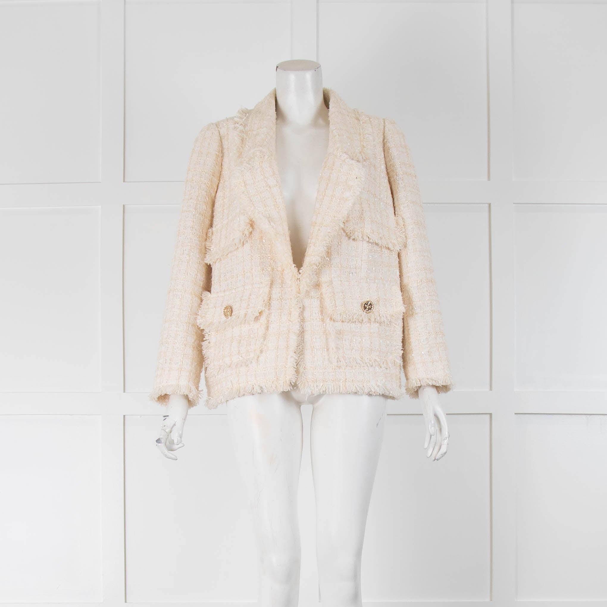 Frayed Beige Boucle Jacket Women's Camel Pockets Tweed Boucle