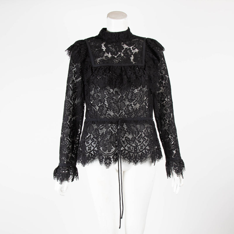Ganni Black Lace Frill with Waist Tie Blouse