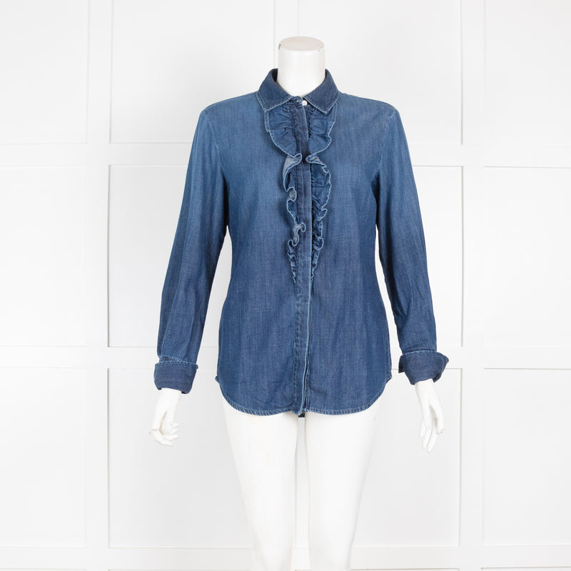 Frame Blue Denim Button Front Blouse with Frill