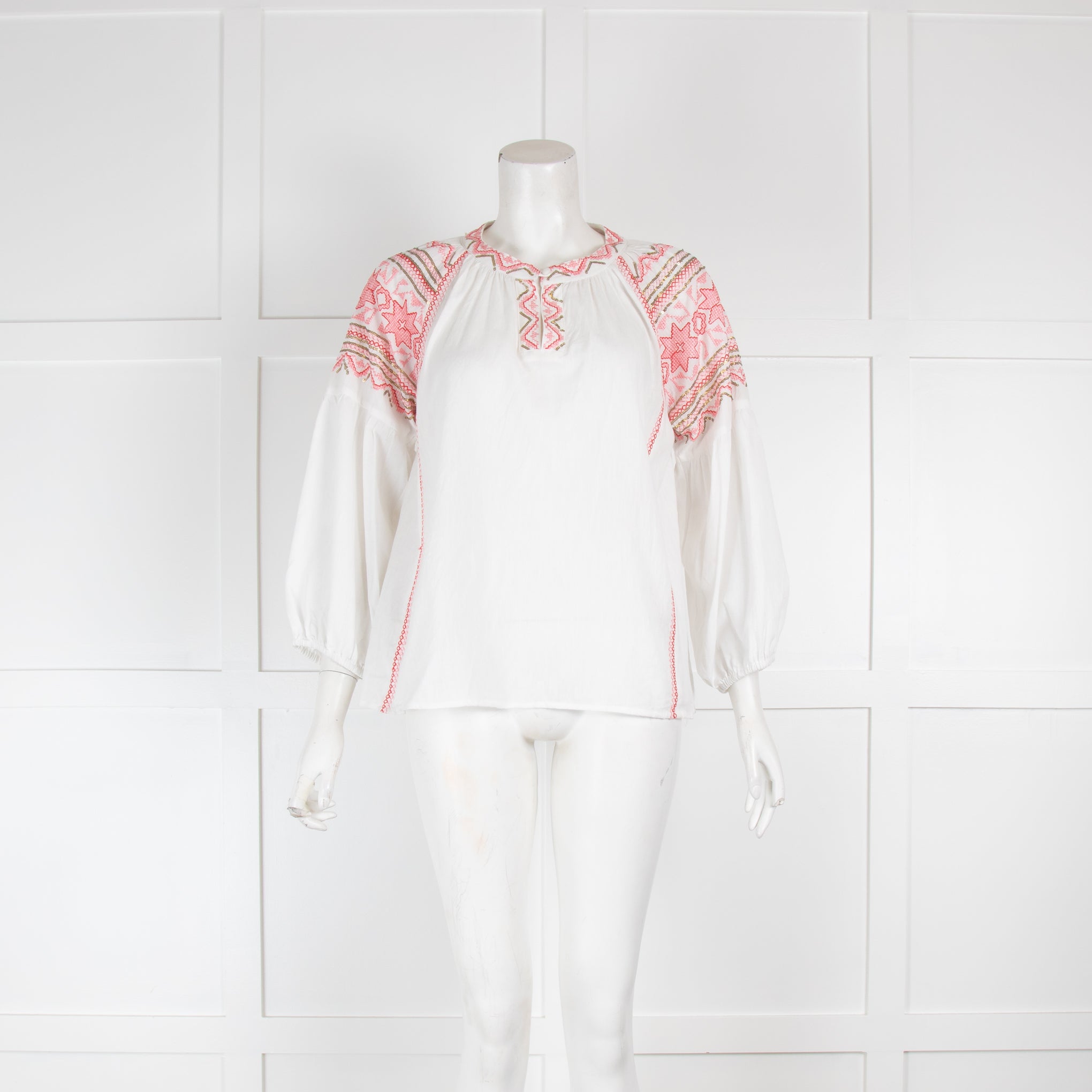 White Blouse with Pink & Red Sleeve Embroidery