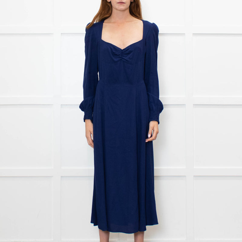 Reformation Blue Maxi Dress With Gathered Long Sleeves