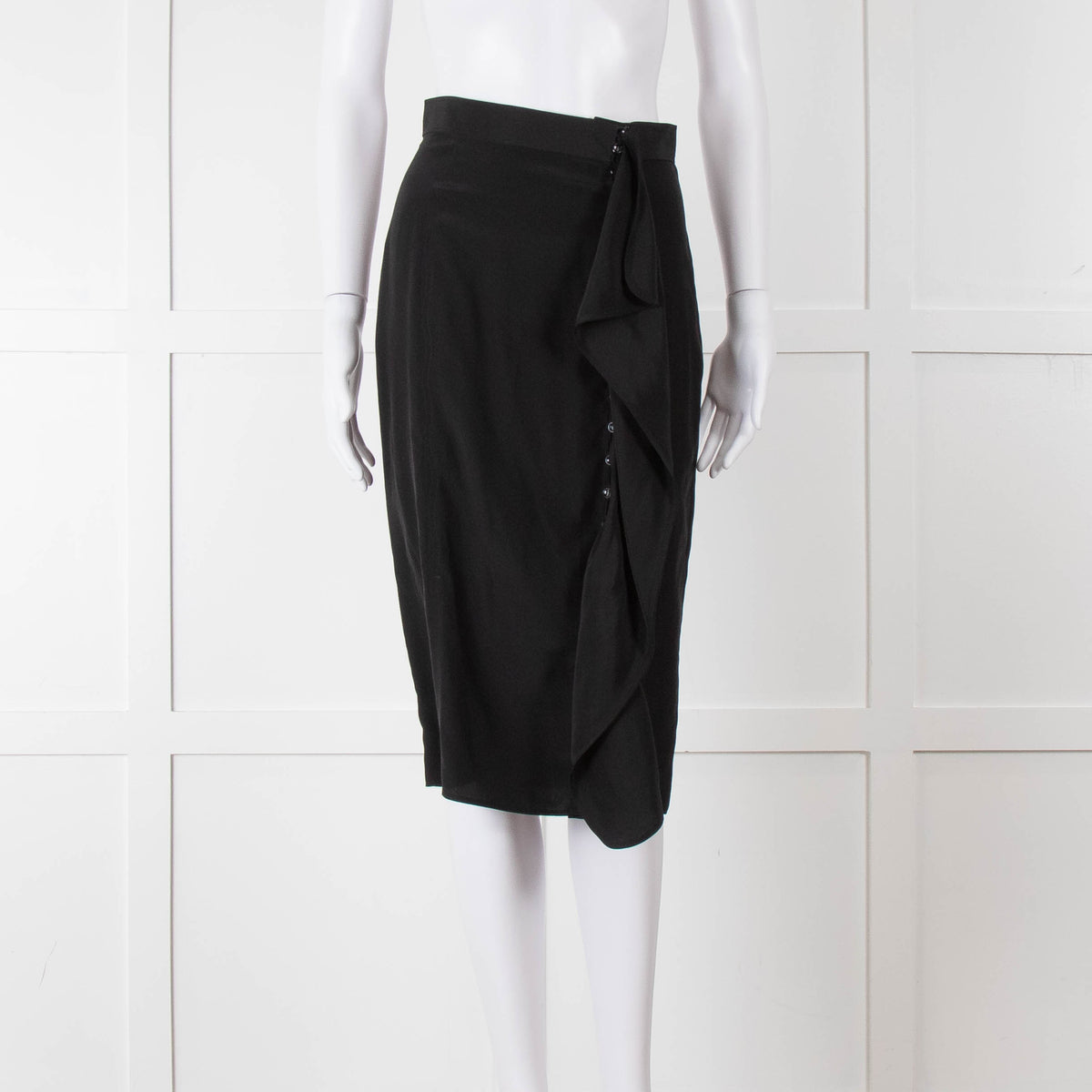Yves Saint Laurent Black Silk Frill Detail Pencil Skirt