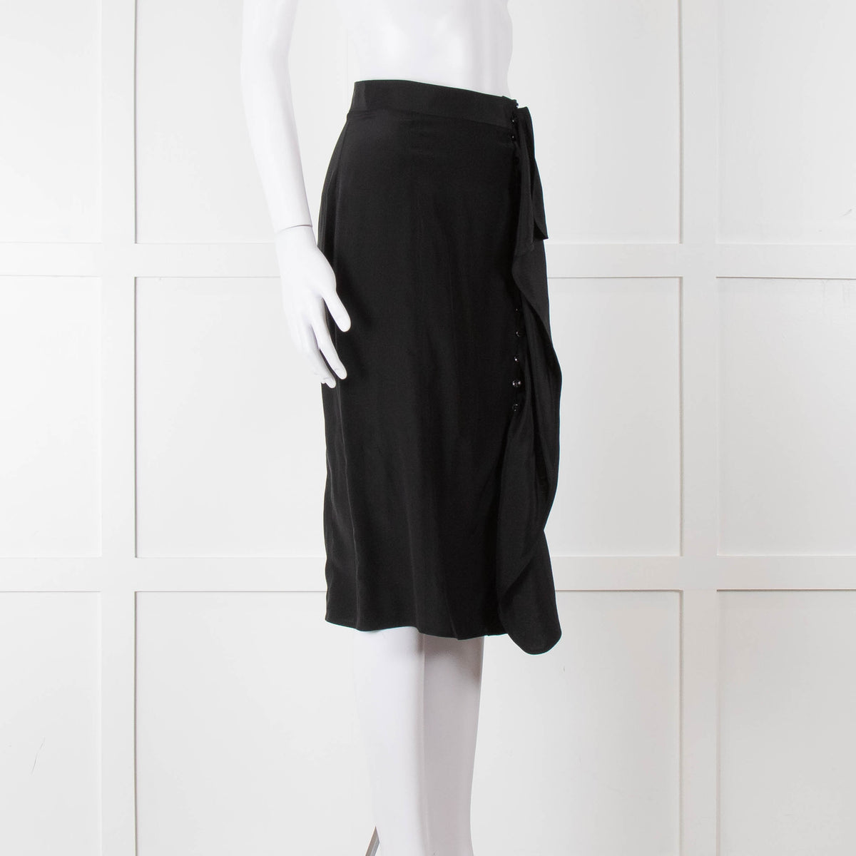 Yves Saint Laurent Black Silk Frill Detail Pencil Skirt