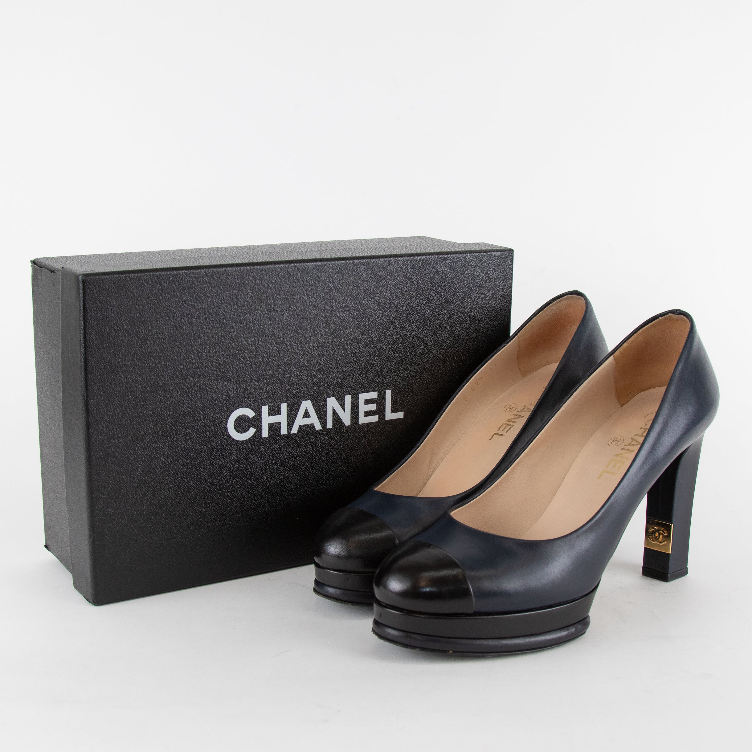 Chanel Navy Leather Platform Heels with Black Toe Cap – Phoenix Style