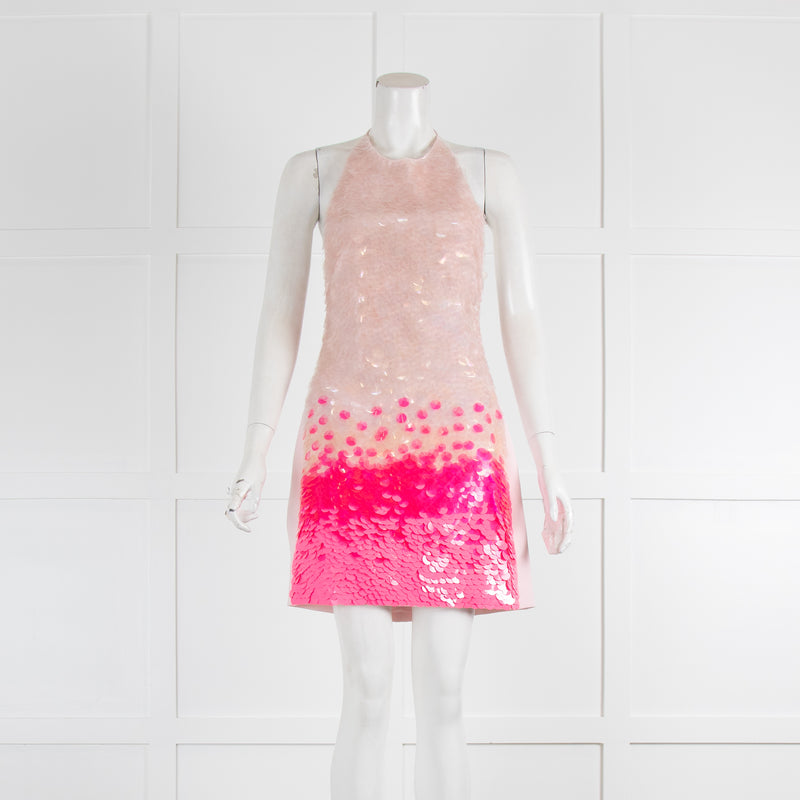 David Koma Neon Pink Gradient Paillettes Front Embellished Mini Dress