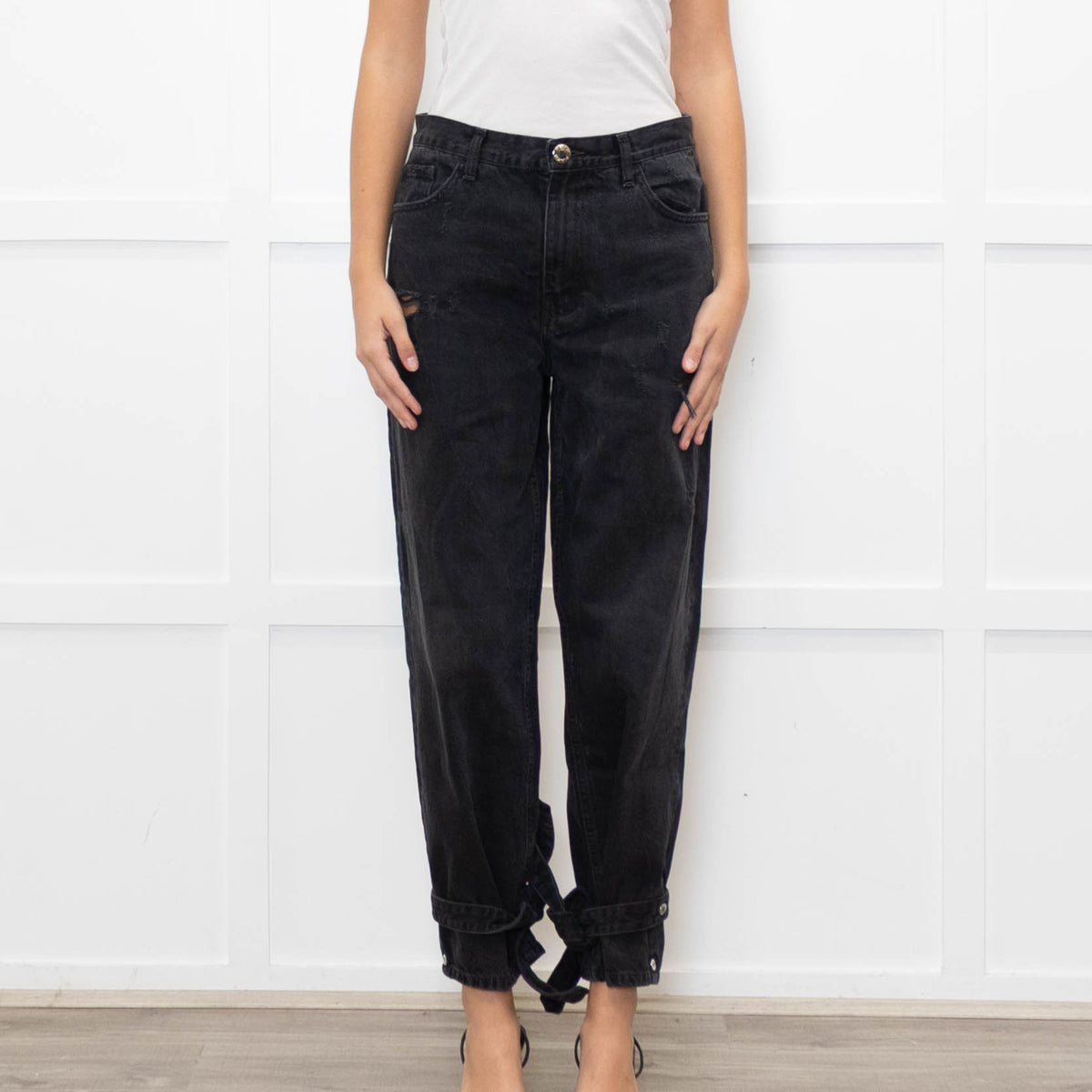 Pinko Black Distressed Denim Tie-Up Detail Jeans