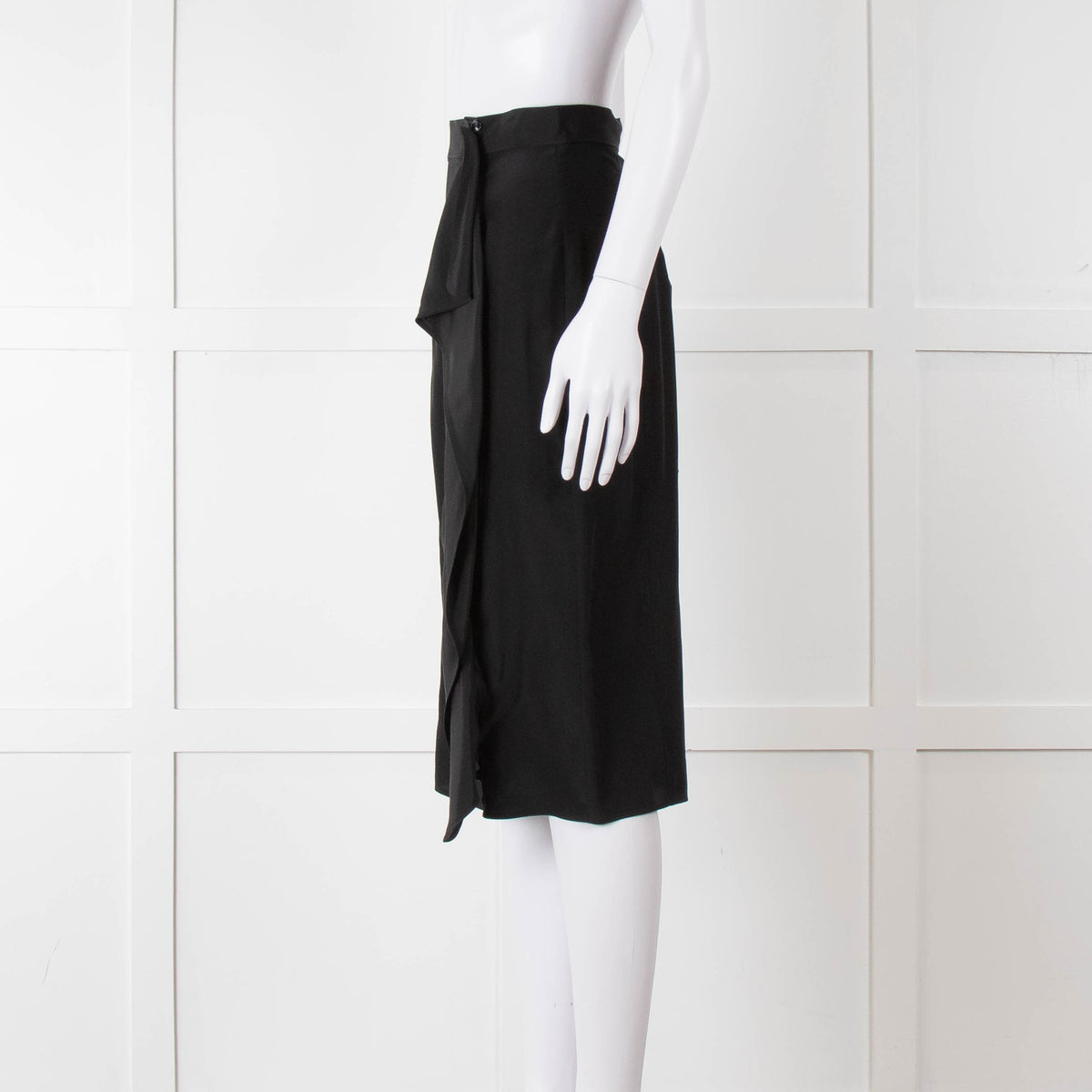 Yves Saint Laurent Black Silk Frill Detail Pencil Skirt