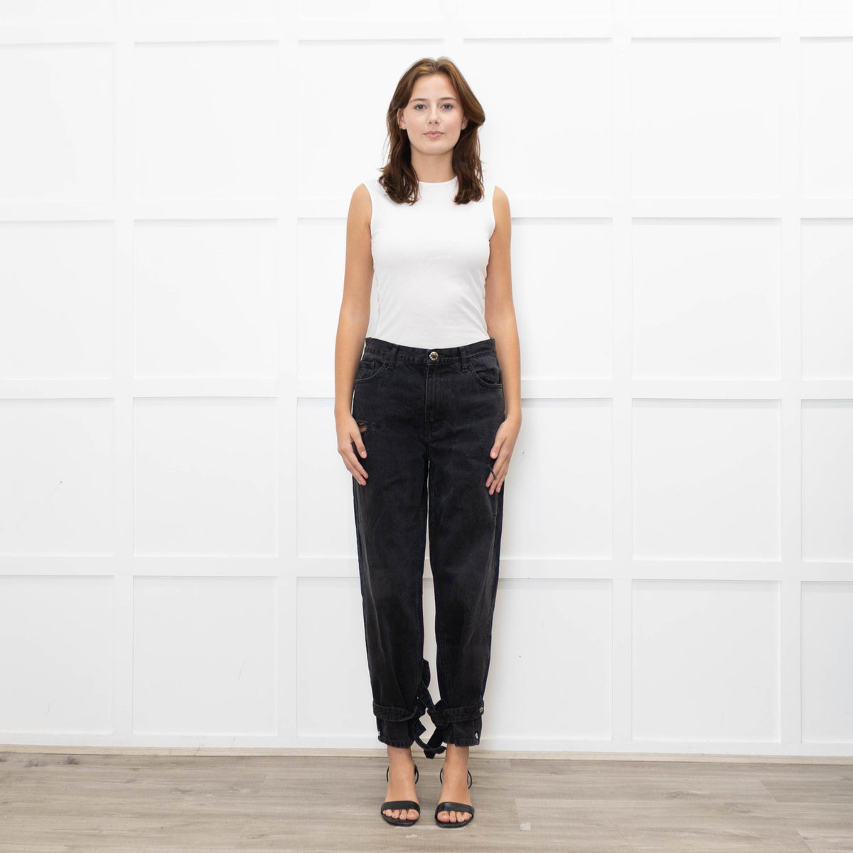 Pinko Black Distressed Denim Tie-Up Detail Jeans