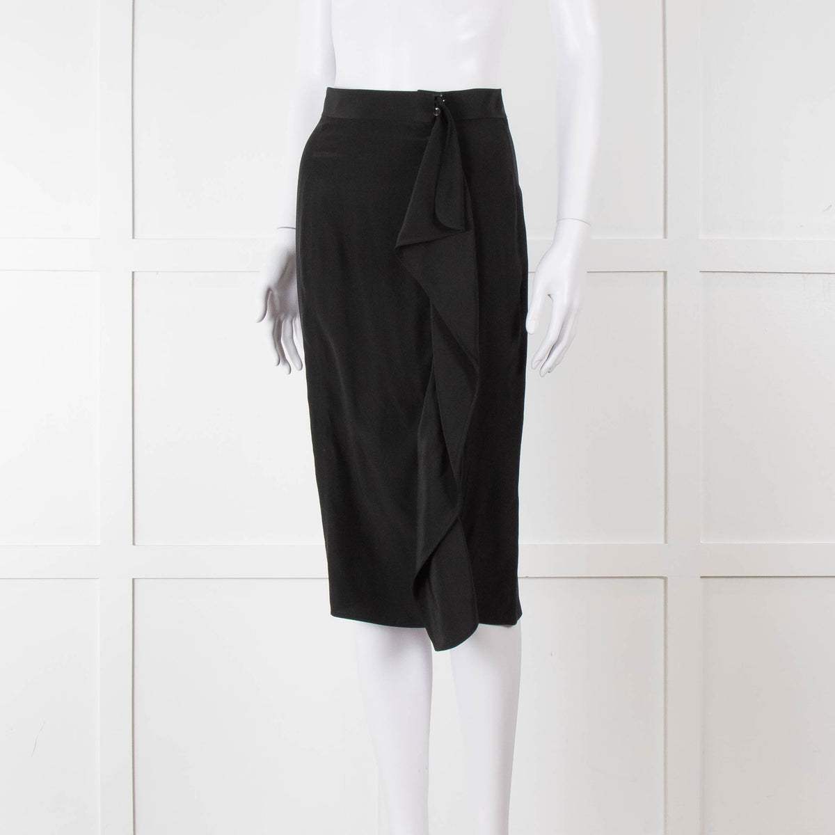 Yves Saint Laurent Black Silk Frill Detail Pencil Skirt
