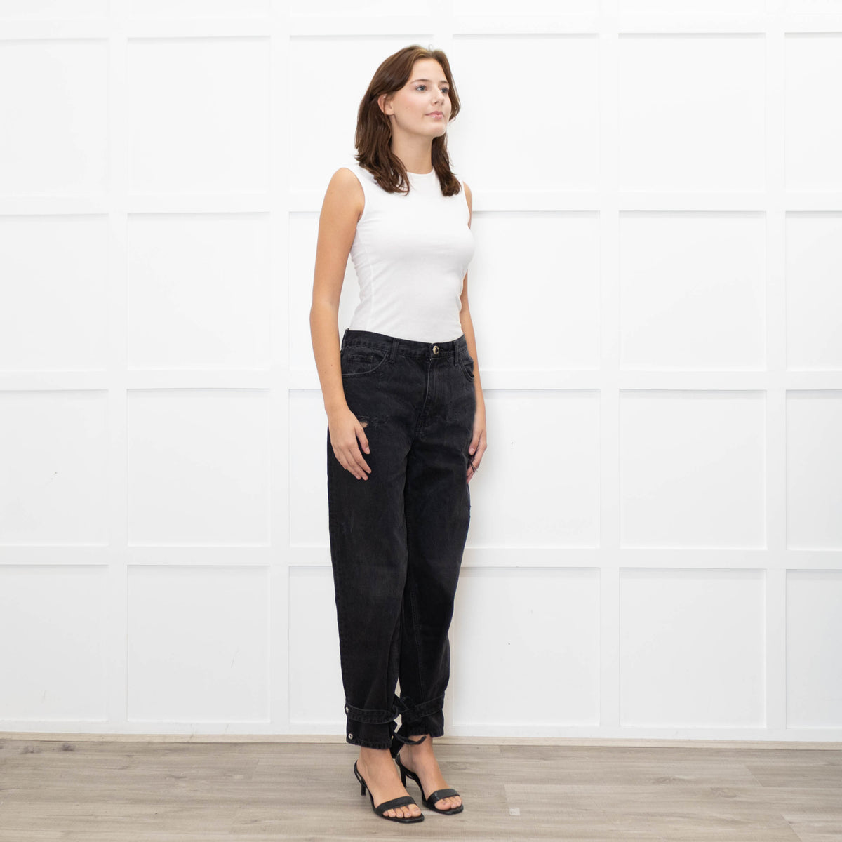 Pinko Black Distressed Denim Tie-Up Detail Jeans