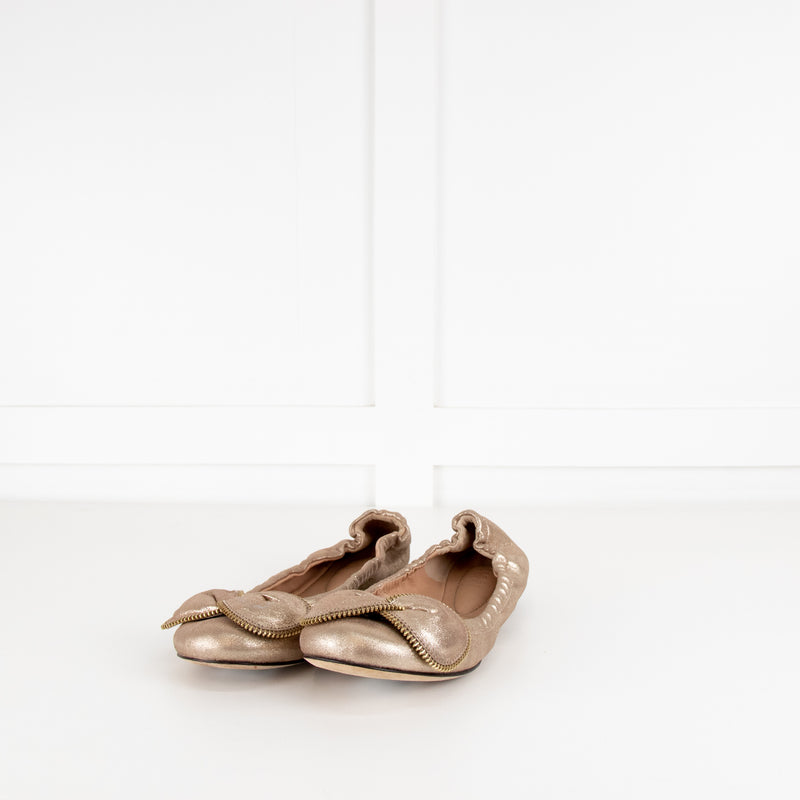 See By Chloe Gold Bow Zip Trim Flat Pumps