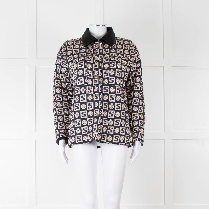 Sandro Navy Quilted Logo Jacket With Velvet Collar