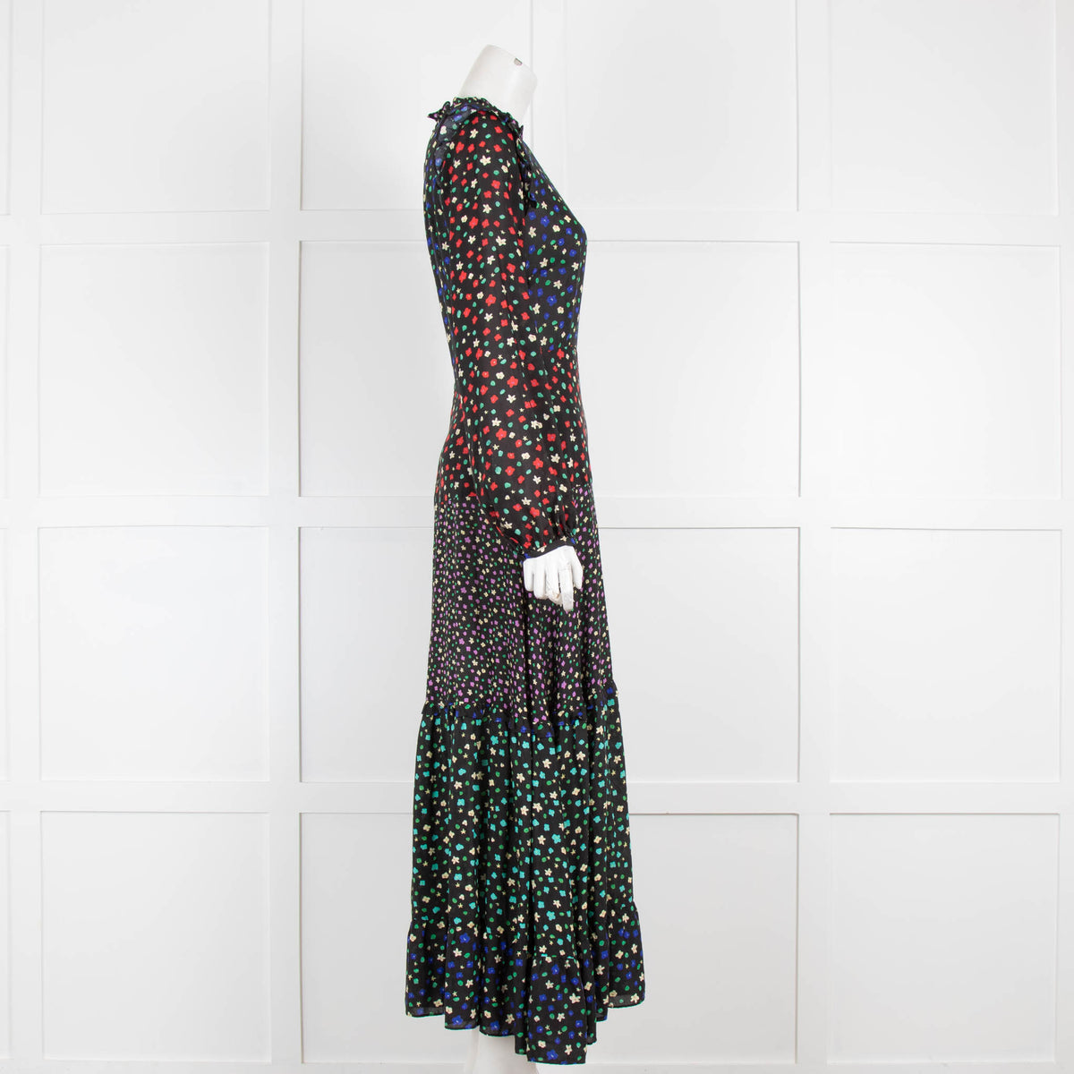 Rixo Black Red Floral Long Sleeve Maxi Dress