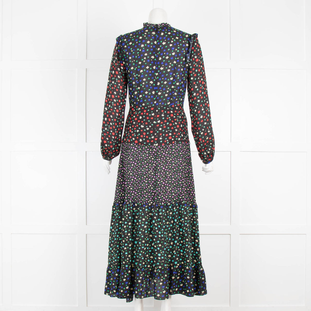 Rixo Black Red Floral Long Sleeve Maxi Dress