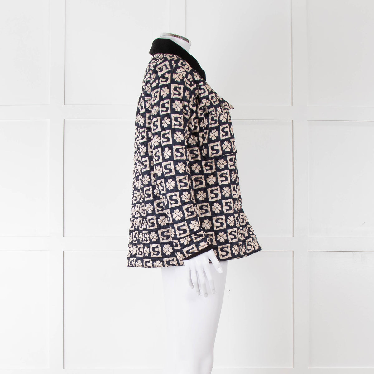 Sandro Navy Quilted Logo Jacket With Velvet Collar