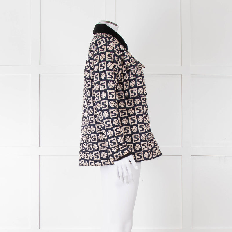 Sandro Navy Quilted Logo Jacket With Velvet Collar