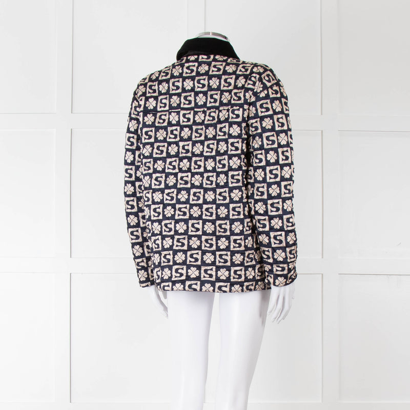 Sandro Navy Quilted Logo Jacket With Velvet Collar