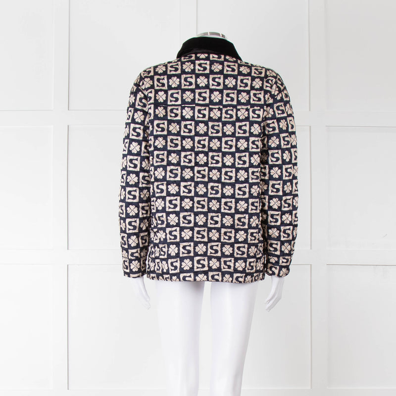 Sandro Navy Quilted Logo Jacket With Velvet Collar