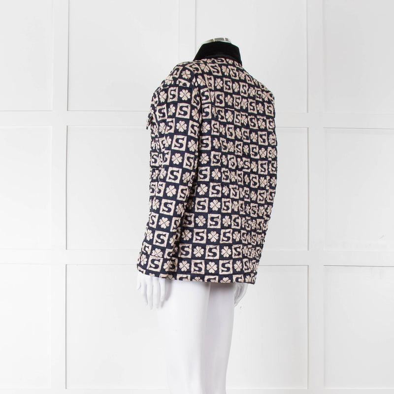 Sandro Navy Quilted Logo Jacket With Velvet Collar