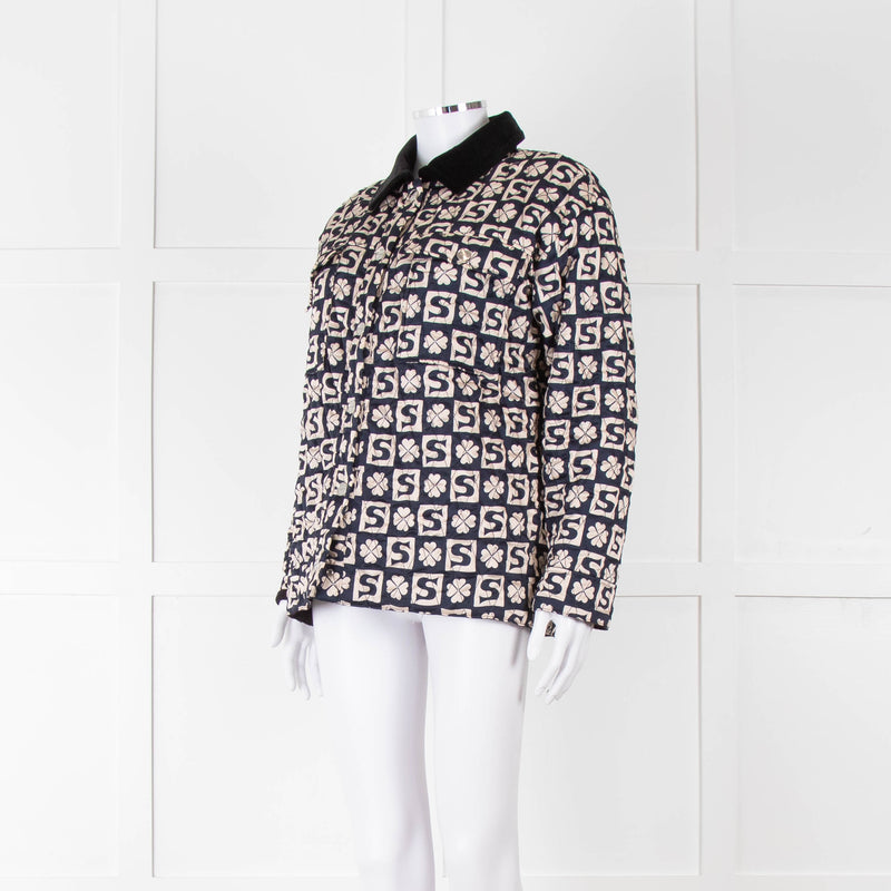 Sandro Navy Quilted Logo Jacket With Velvet Collar