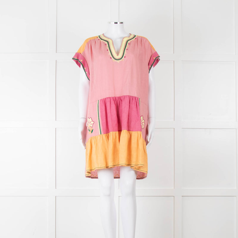 Saloni Pink Linen Tunic Mini Dress with Embroidery