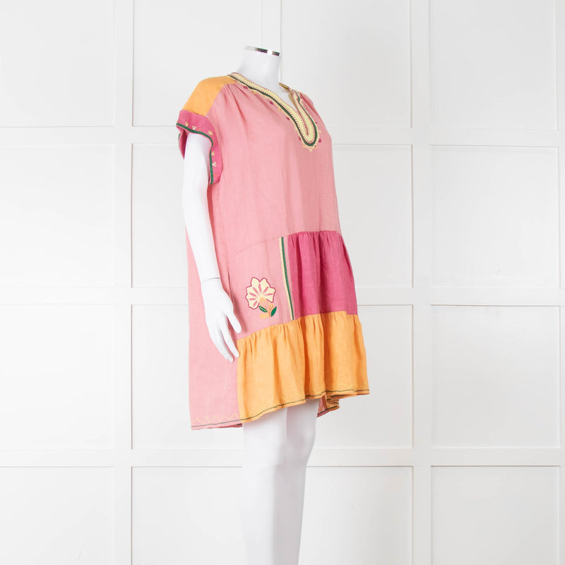 Saloni Pink Linen Tunic Mini Dress with Embroidery